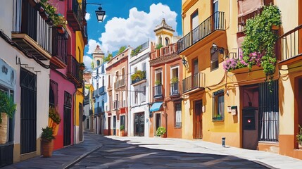 Obraz premium Spanish Flat Design Street Corner, Realism Art, Vibrant City Life, Cultural Heritage Scene