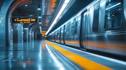 Silver subway train, modern metro station platform, sleek metallic exterior, reflective surfaces, illuminated interior, shallow depth of field, urban transportation, underground railway system.