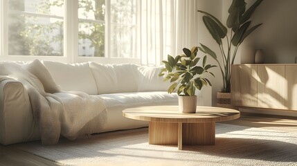 Sleek white sofa, light wood coffee table, soft natural light, potted green plant, clean lines, high-resolution photograph, contemporary interior design, airy atmosphere, neutral color palette.