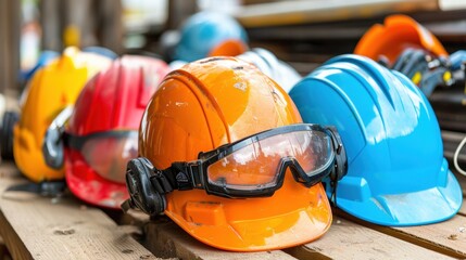 A row of safety helmets with goggles on top of a wooden shelf. The helmets are of different colors and sizes