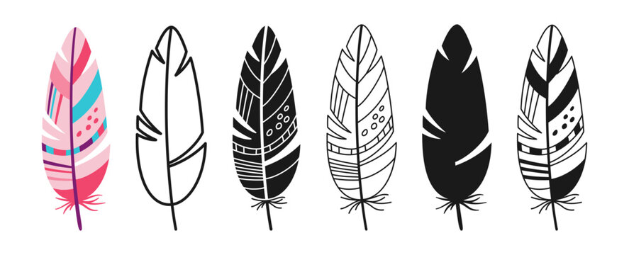 Feather linear icon, cartoon symbol set. Hand drawn colorful stylized bird feathers with ethnic boho ornamental pattern. Simple sign birds feathers silhouette shape or doodle art. Isolated vector