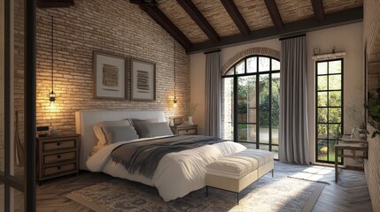 Rustic Bedroom Interior Design with Exposed Brick Wall and Large Window.