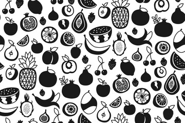 Fototapeta premium Fruits, berries symbol seamless pattern. Sliced lemon orange apple pear watermelon peach pineapple dragon fruits mango banana pomegranate boundless background. Simple endless cartoon vector art design