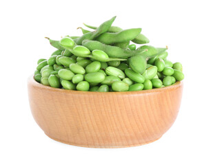 Raw green edamame soybeans and pods isolated on white