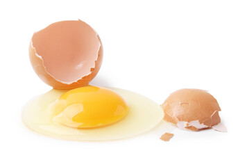 Broken raw egg and shell isolated on white