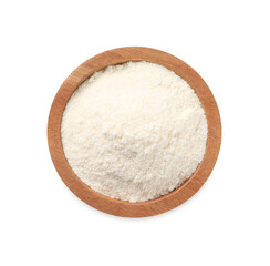 Fresh coconut flour in bowl isolated on white, top view