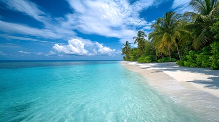 Naklejka premium White sandy beach, turquoise clear water, lush green palm trees, vibrant blue sky, serene and tropical paradise, peaceful and relaxing atmosphere, high-resolution photograph, wide-angle lens.