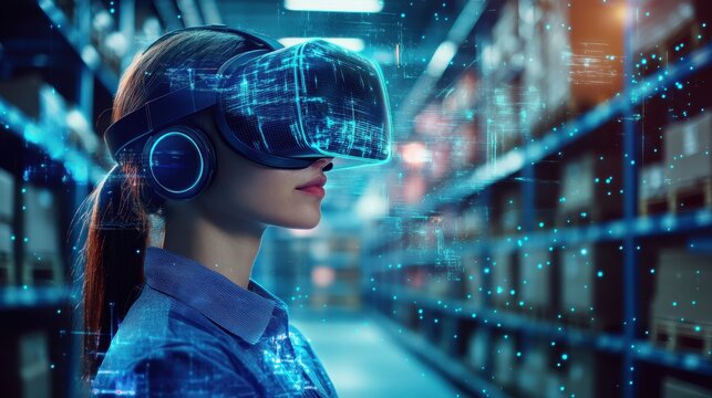 Woman using VR headset in a warehouse.