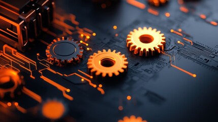 Fototapeta premium Crossroads of Innovation: Abstract Gear Mechanism Digital Mosaic with Copy Space for Text