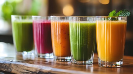 Fototapeta premium Colorful Fruit Juices on Wooden Table.