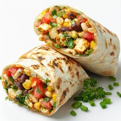 Two vegetarian wraps filled with colorful toppings and placed on a white background.
