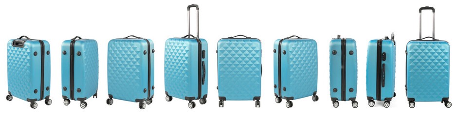 Set of light blue suitcase on white background, view from different sides