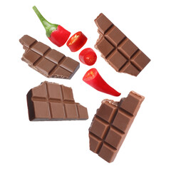 Pieces of chocolate and chili pepper in air on white background
