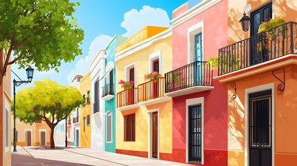 Naklejka premium Spanish Flat Design Street Corner, Realism Art, Vibrant City Life, Cultural Heritage Scene