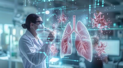 A woman in a lab coat is looking at a computer screen with a graphic of a lung and a virus