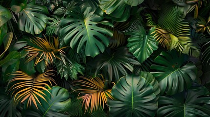 Close up of lush green tropical leaves, creating a vibrant and exotic backdrop.