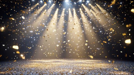 Golden Confetti Falling In Stage Lights.