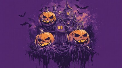 Fototapeta premium Halloween Haunted House with Jack-o-Lanterns and Bats.