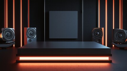 A photo of an empty 3D podium in a gaming room with a large screen and gaming chairs, isolated on a dark blue background