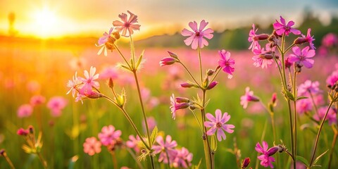 Obraz premium Delicate, pink, Silene viscaria flowers with sticky stems and narrow leaves bloom in a lush meadow, surrounded by tall grasses and warm, golden sunlight.