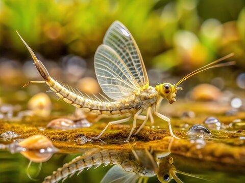 Delicate mayfly nymph larvae emerge from aquatic environments, their transparent bodies and feathery gills a fascinating sight in the shallow freshwater ecosystem.