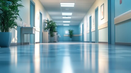 Obraz premium Empty Hospital Corridor with Blue Walls.