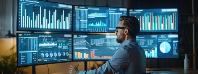 A man is sitting in front of four computer monitors, each displaying different graphs and charts. He is wearing glasses and he is focused on the data displayed on the screens
