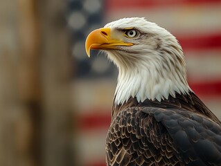 Obraz premium Majestic bald eagle with blurred american flag ideal for patriotic themes and wildlife photography
