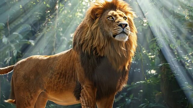 King of the Jungle: Majestic Lion Basking in Sunlight - A powerful lion stands proudly in a lush green jungle, bathed in golden sunlight.  The image evokes a sense of strength, dominance, and the unta