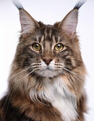 Fototapeta premium A portrait of a Maine Coon features its majestic, long coat, tufted ears, and large, expressive eyes, with a bushy tail and regal presence that exudes elegance.