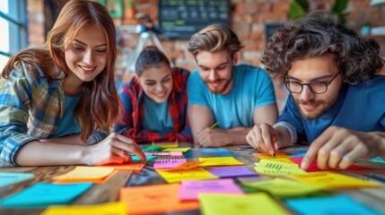 Fototapeta premium A group of people are sitting around a table with colorful sticky notes on it. They are smiling and seem to be having fun. The table is covered with various colored sticky notes