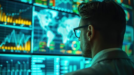 A man wearing glasses is looking at a computer screen with many graphs and numbers. He is focused and attentive, possibly analyzing data or making a decision based on the information displayed