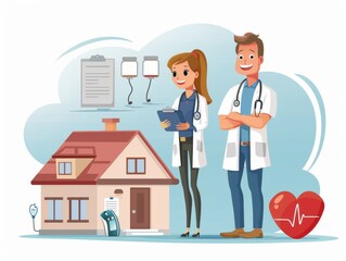 A couple of doctors are standing in front of a house with a heart on the ground. They are smiling and seem to be happy