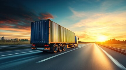 Semi Truck Driving on Highway at Sunset.