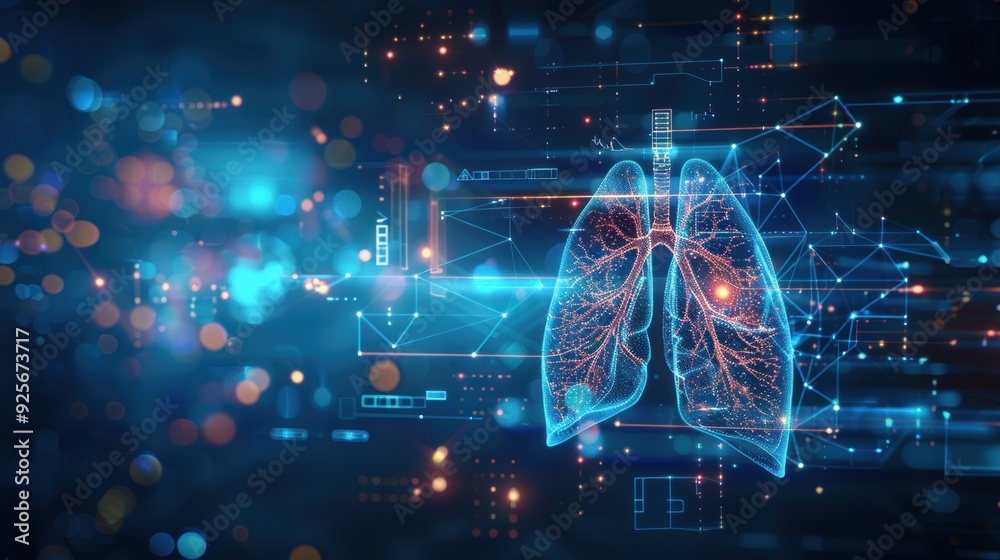 Wall mural a computer generated image of a lung with a red line through it. the image is blue and has a futuris