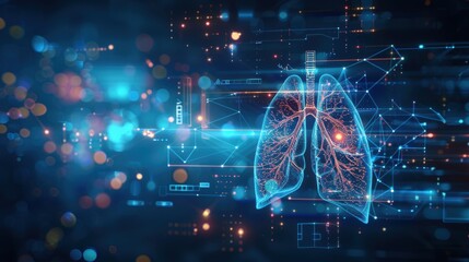 A computer generated image of a lung with a red line through it. The image is blue and has a futuristic feel to it