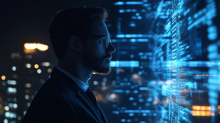 Bussiness men touch in digital metaverse, conceptualizing future technology.