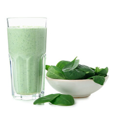 Glass of fresh spinach smoothie on white background