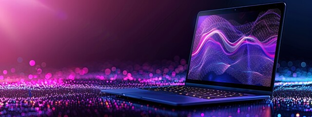 A laptop is open on a table with a purple background. The laptop screen is displaying a colorful, swirling pattern that gives the impression of a computer-generated image. Scene is one of creativity