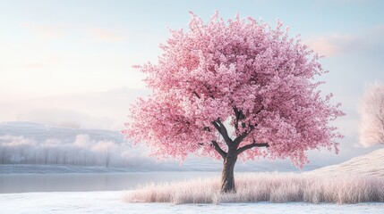 Pink Cherry Blossom Tree in Winter Landscape.