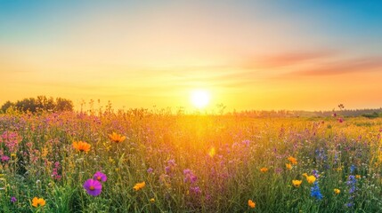 Fototapeta premium Sunrise Over a Field of Wildflowers