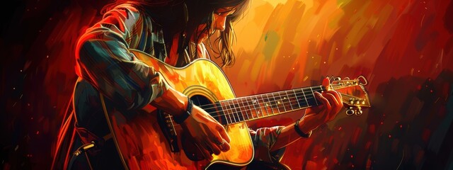 Obraz premium A woman is playing a guitar in a painting. The painting is full of bright colors and has a lively, energetic feel to it. The woman's fingers are moving quickly over the strings