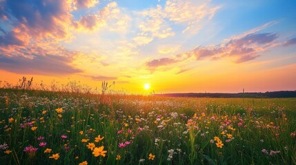 Fototapeta premium Sunset over a Field of Wildflowers