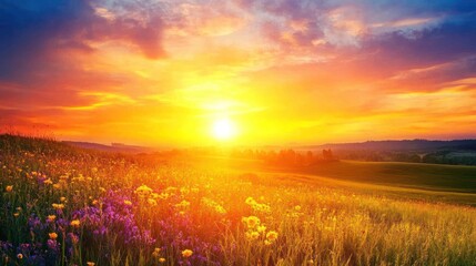 Obraz premium Golden Hour Sunset over a Field of Flowers