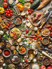 Flat lay of colorful food ingredients.