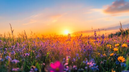 Naklejka premium Sunset Over a Field of Wildflowers