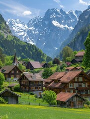 A small village with houses and a church sits in a valley between mountains. The houses are made of wood and have red roofs. The village is surrounded by a lush green field