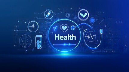 Futuristic health technology interface with digital icons and blue tones.