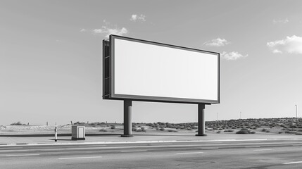 Fototapeta premium A large billboard is on a road in a desert. The billboard is white and has no writing on it. The scene is desolate and empty, with no other people or vehicles in sight