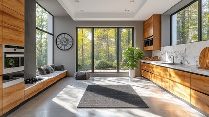 Fototapeta premium Modern kitchen with wooden cabinets and a large window overlooking a forest.